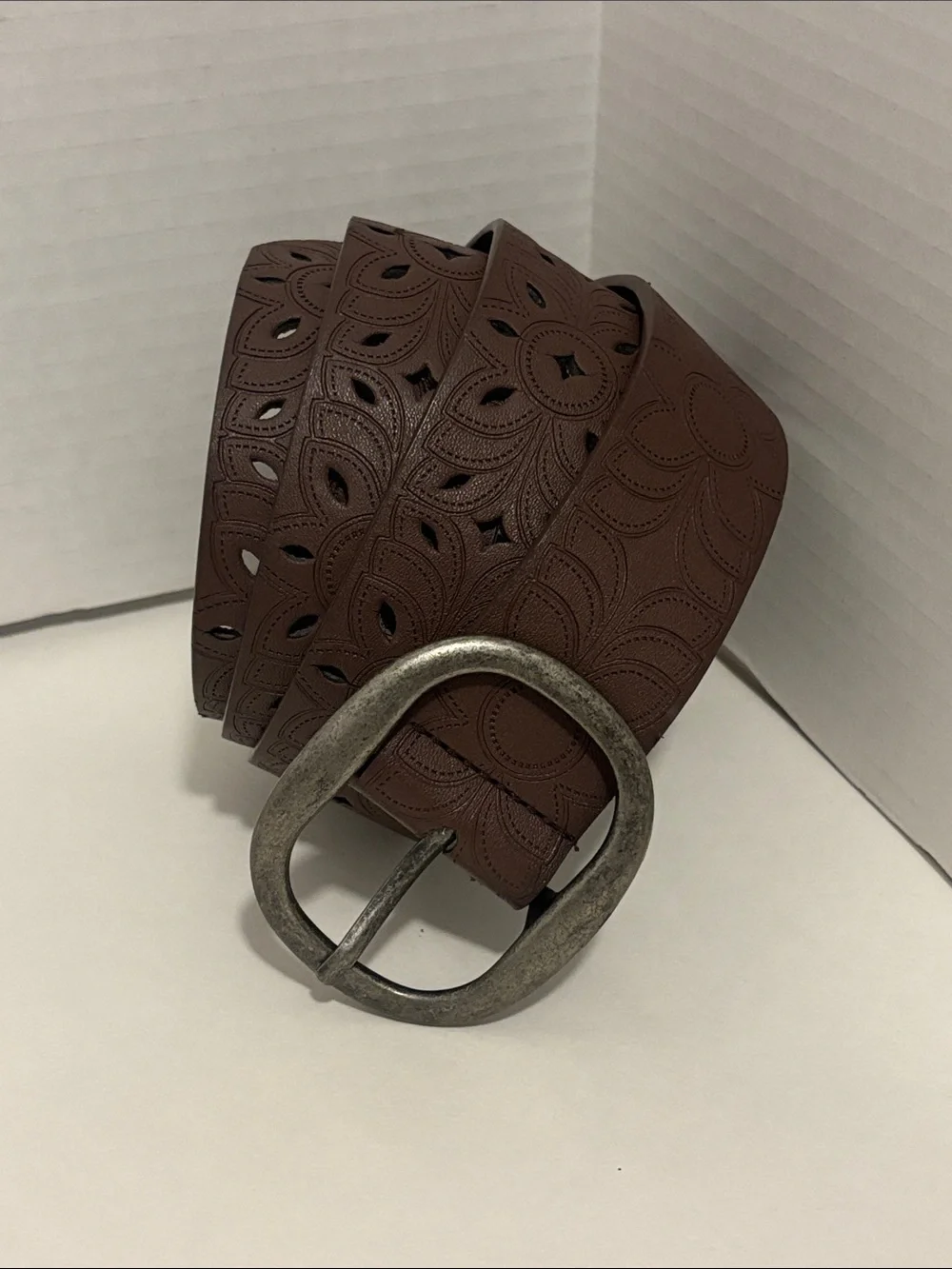Women's Brown Cut-out Patterned  Faux lLeather Belt with Antique Buckle